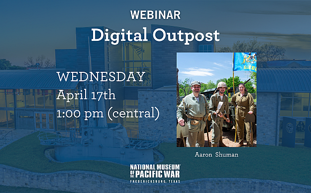 Graphic displaying April Webinar on Digital Outposts with Museum Experience Coordinator Aaron Shuman